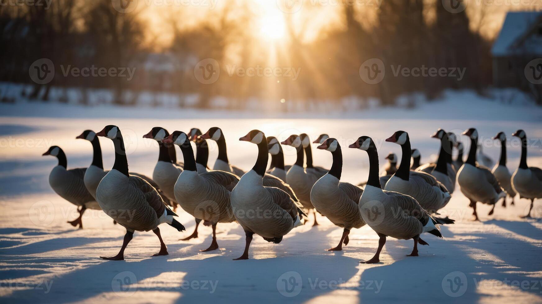 A group of geese walking through snow at sunset, creating a serene winter landscape. photo