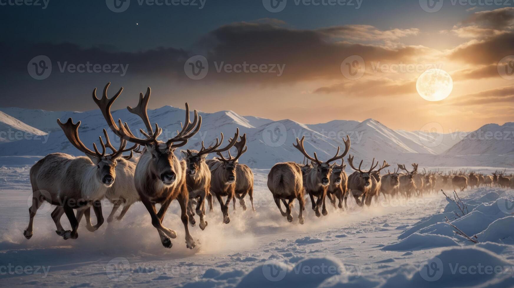 A herd of reindeer running through a snowy landscape under a full moon. photo