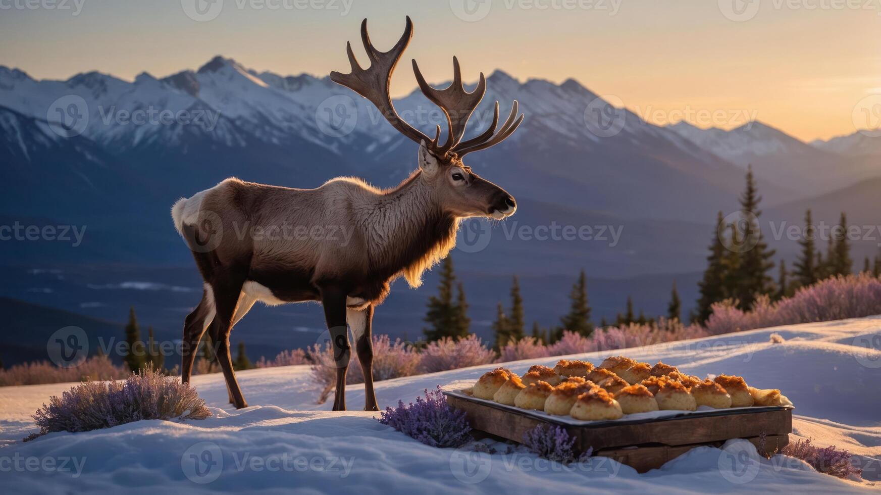 A reindeer stands near a tray of baked goods against a mountain backdrop at sunset. photo