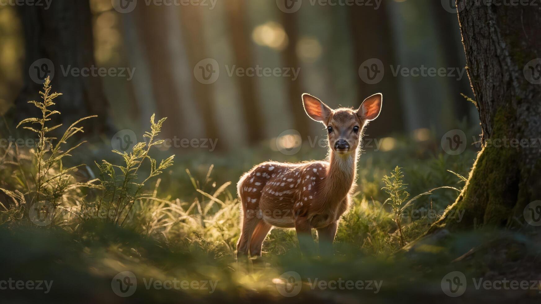 A young deer stands in a sunlit forest, surrounded by greenery and soft light. photo