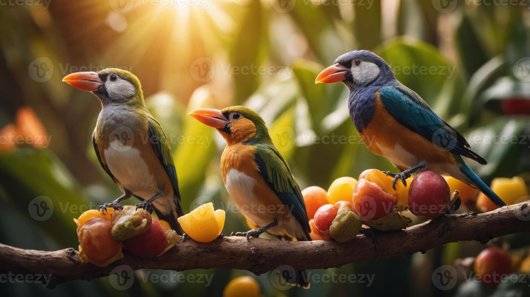 Three colorful birds perched on a branch with fruits, set against a lush background. photo