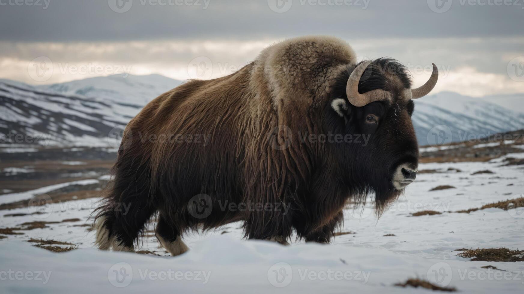 A musk ox stands on snowy terrain with mountains in the background. photo