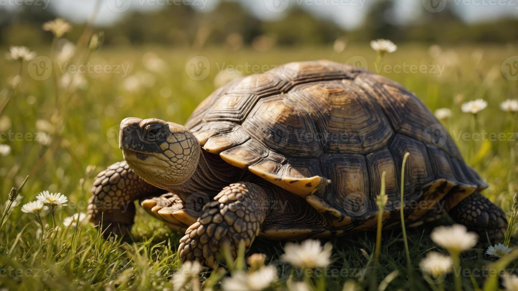 A turtle resting on a grassy field adorned with daisies under a sunny sky. photo