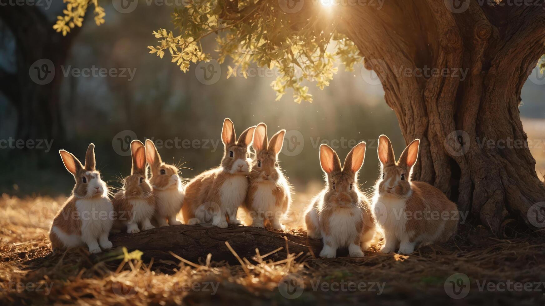 A group of rabbits sitting together under a tree, illuminated by sunlight. photo