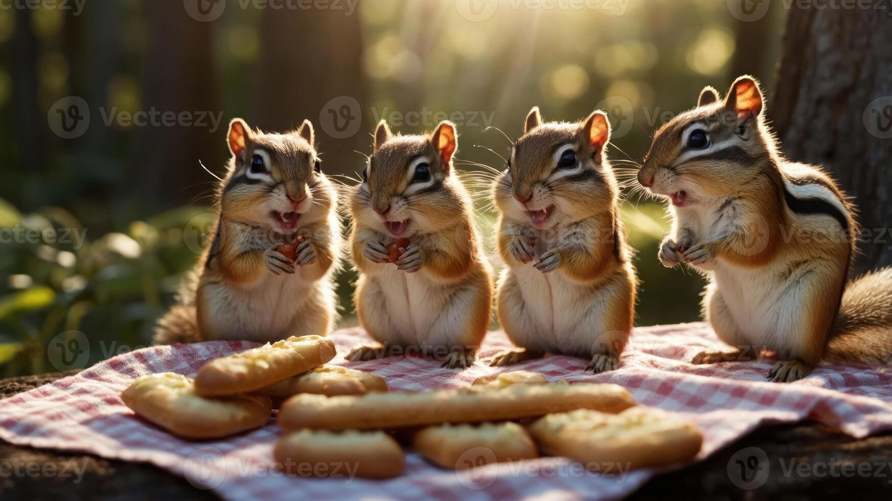 Four chipmunks enjoying cookies on a picnic blanket in a forest setting. photo