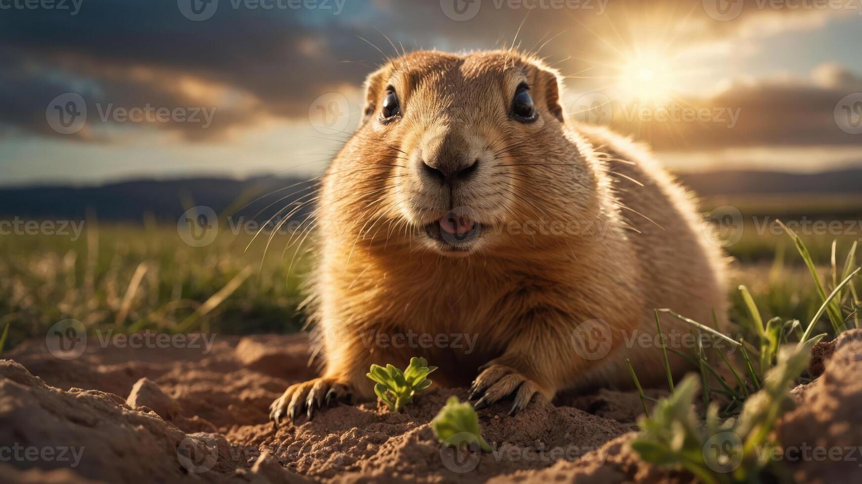 A close-up of a prairie dog in a natural setting at sunset. photo