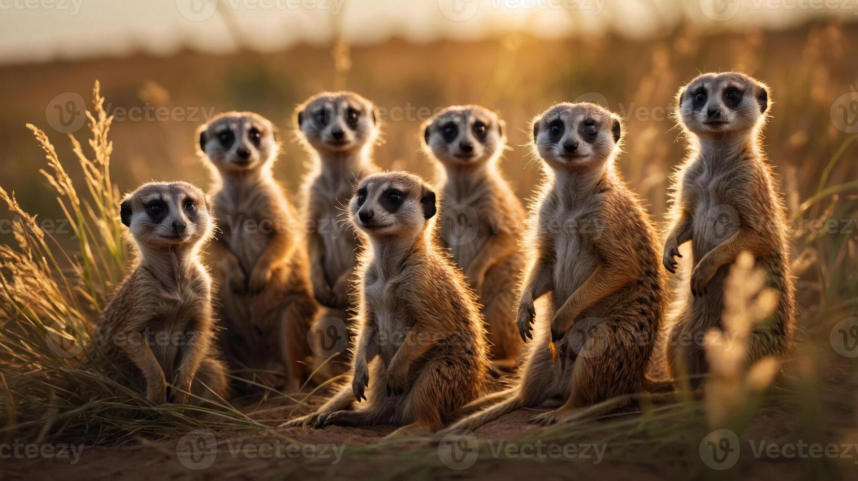 A group of meerkats standing together in a sunlit grassy field. photo