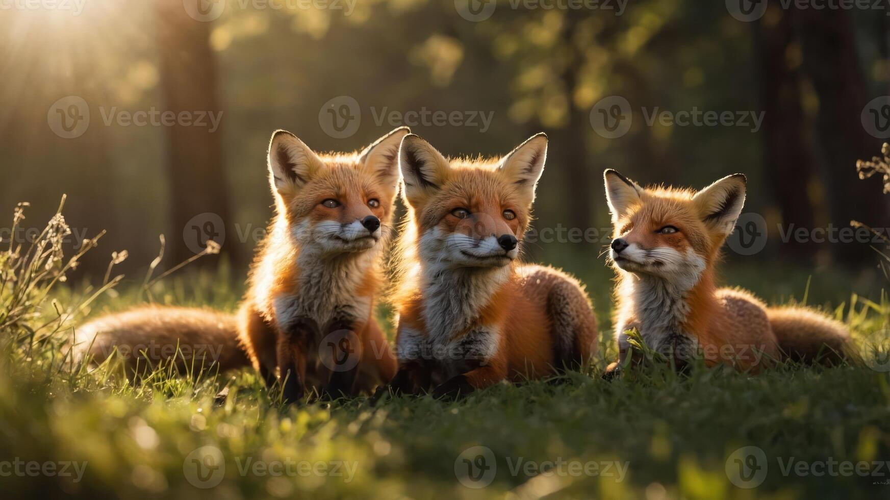 Three foxes resting in a sunlit forest, showcasing their playful nature. photo