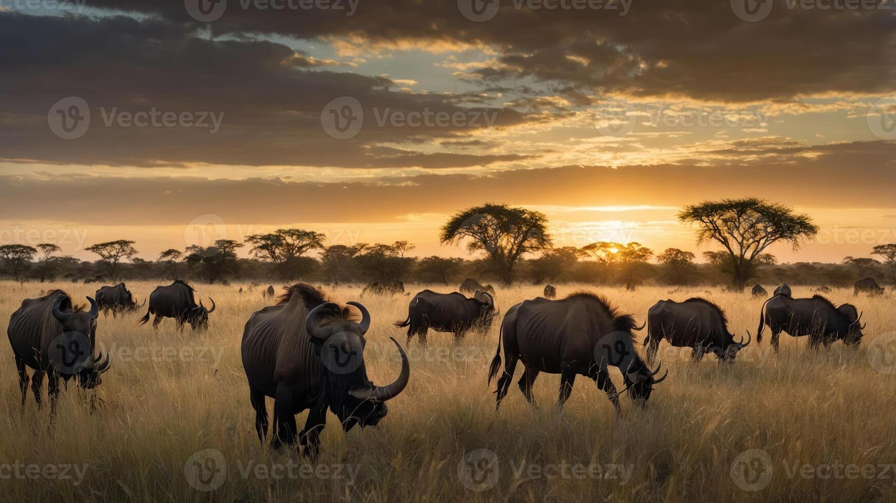 A herd of wildebeests grazing in a golden sunset landscape. photo