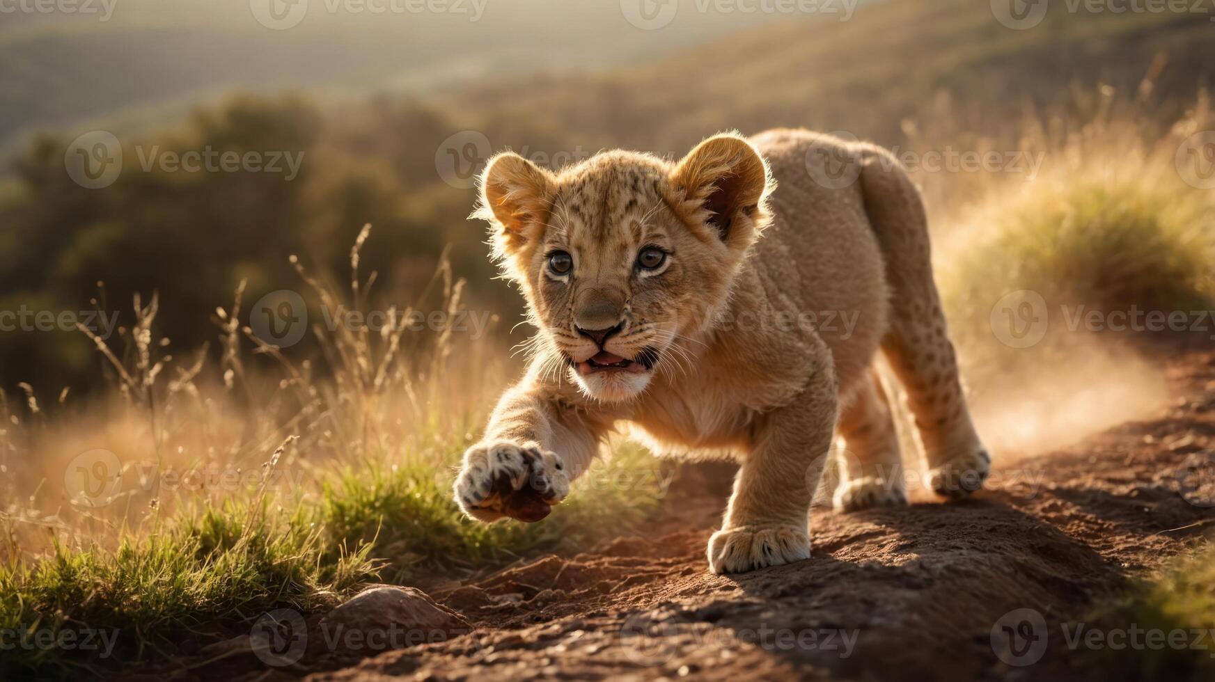 A playful lion cub running on a dirt path amidst tall grass in a natural setting. photo