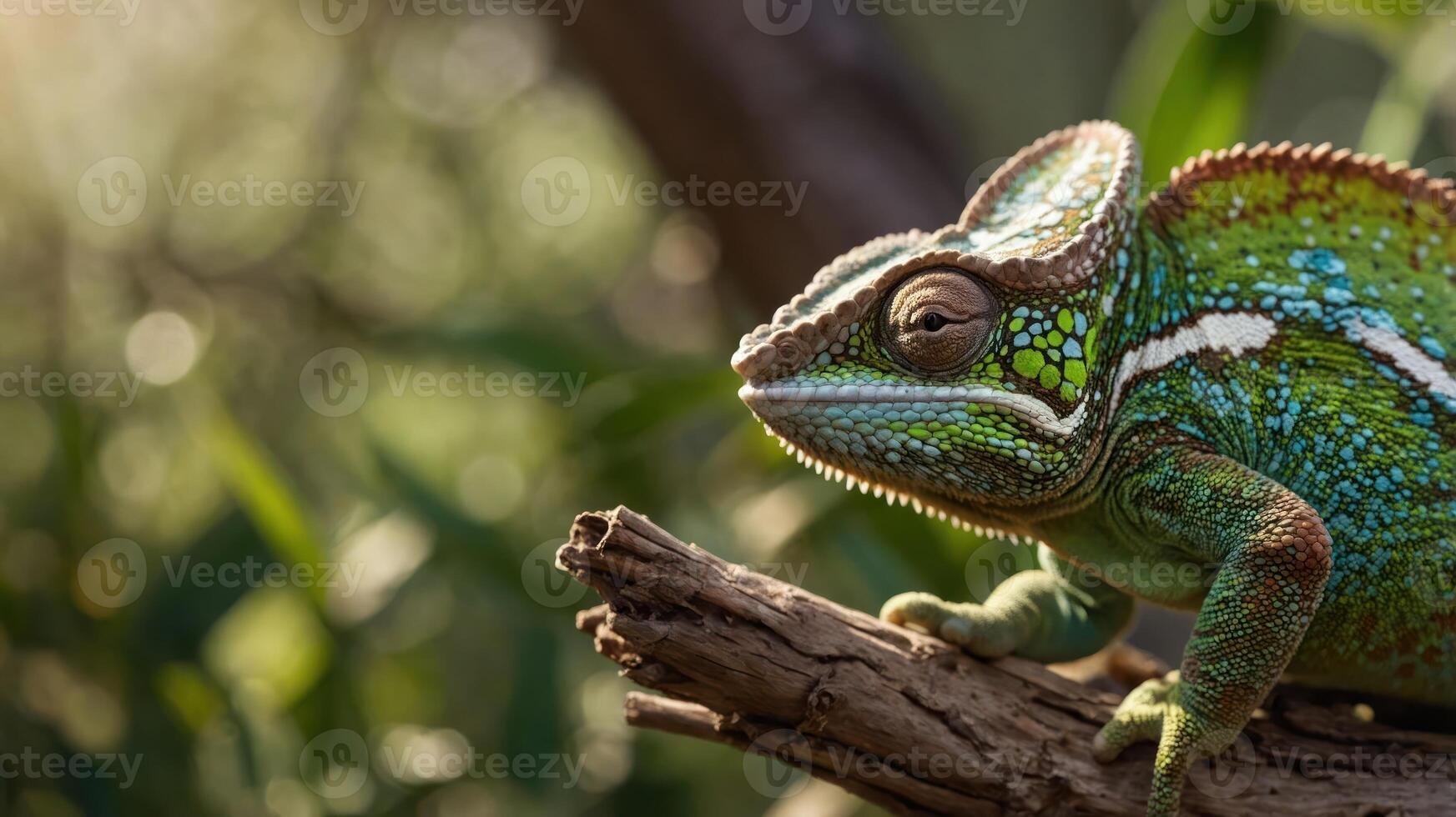 A close-up of a vibrant green lizard perched on a branch in a natural setting. photo
