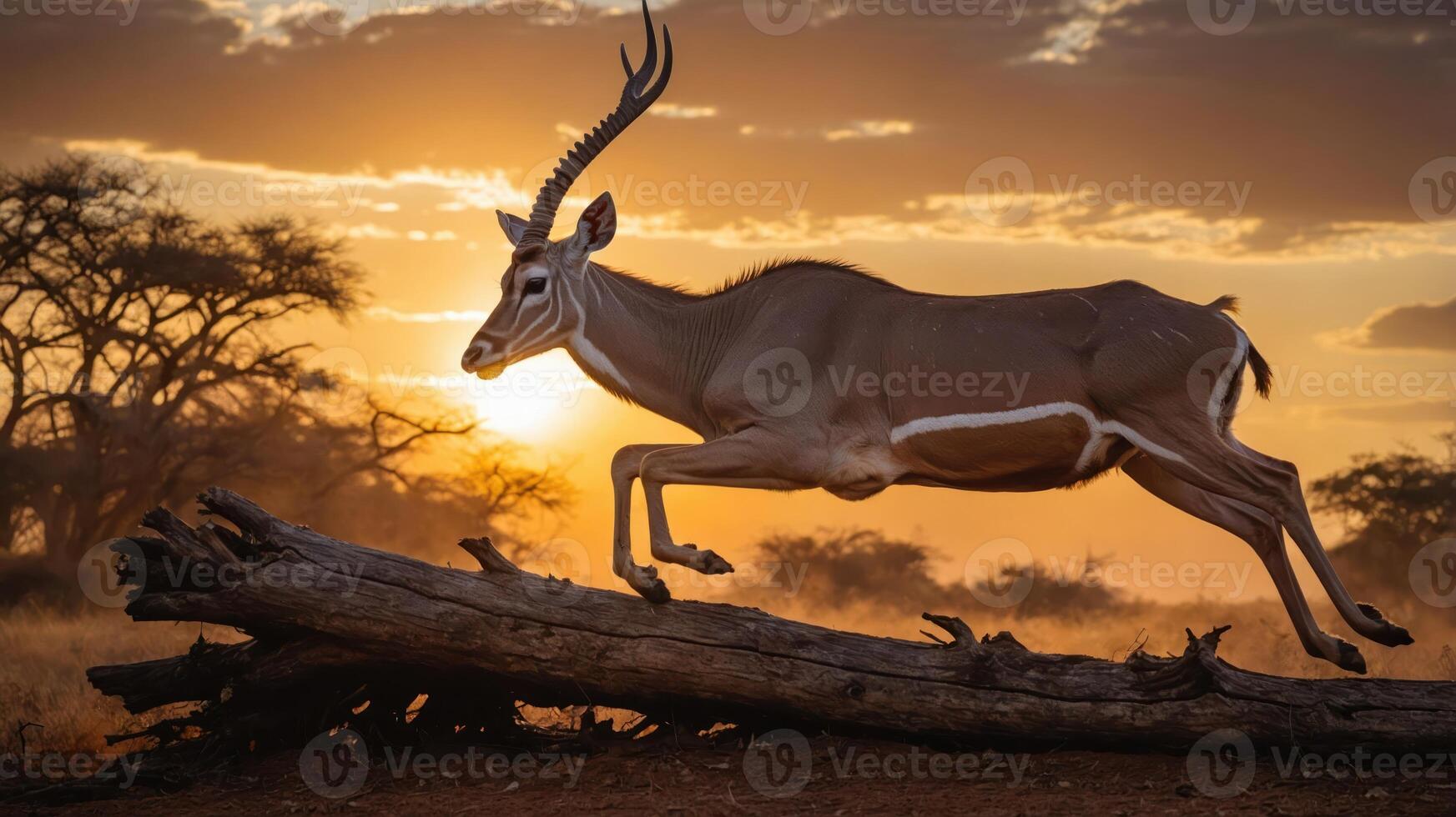 A graceful antelope leaps over a log at sunset, highlighting the beauty of wildlife. photo