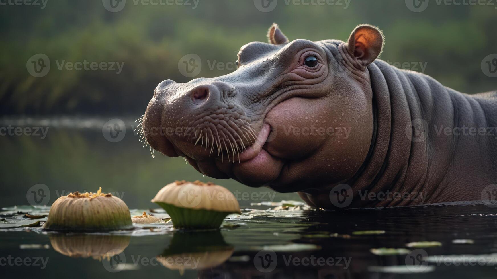 A smiling hippopotamus in a serene water setting with lotus flowers. photo