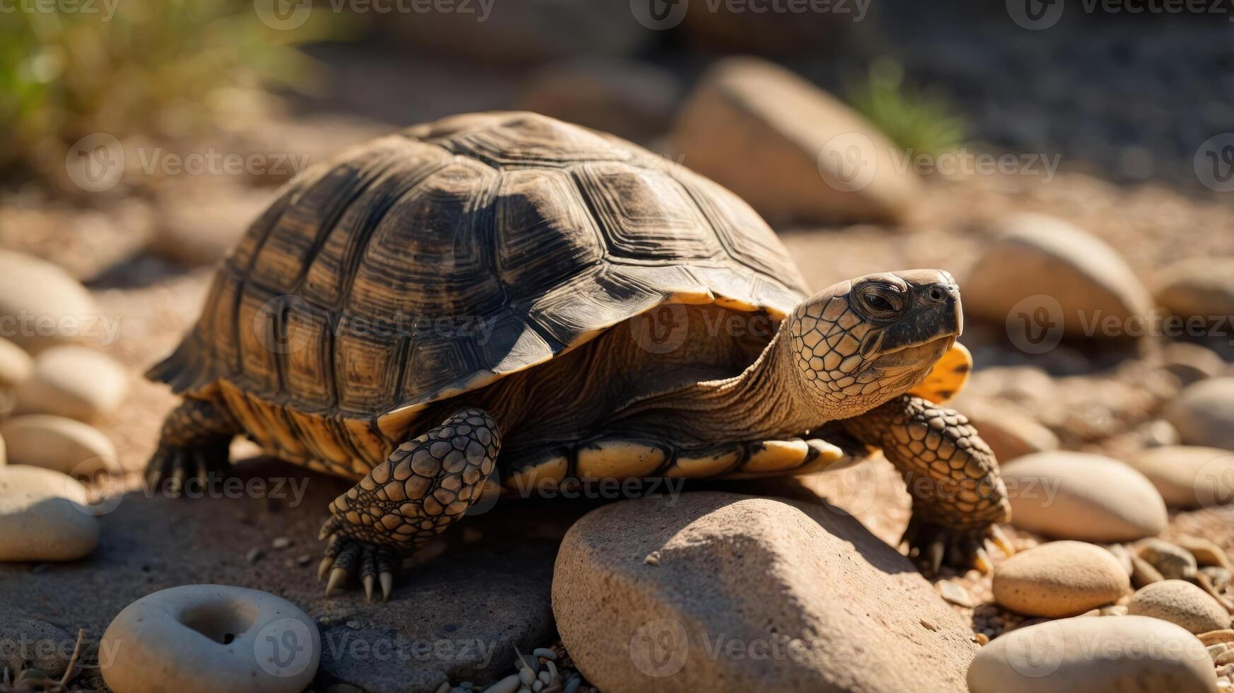 A close-up of a tortoise on a rocky surface in a natural setting. photo