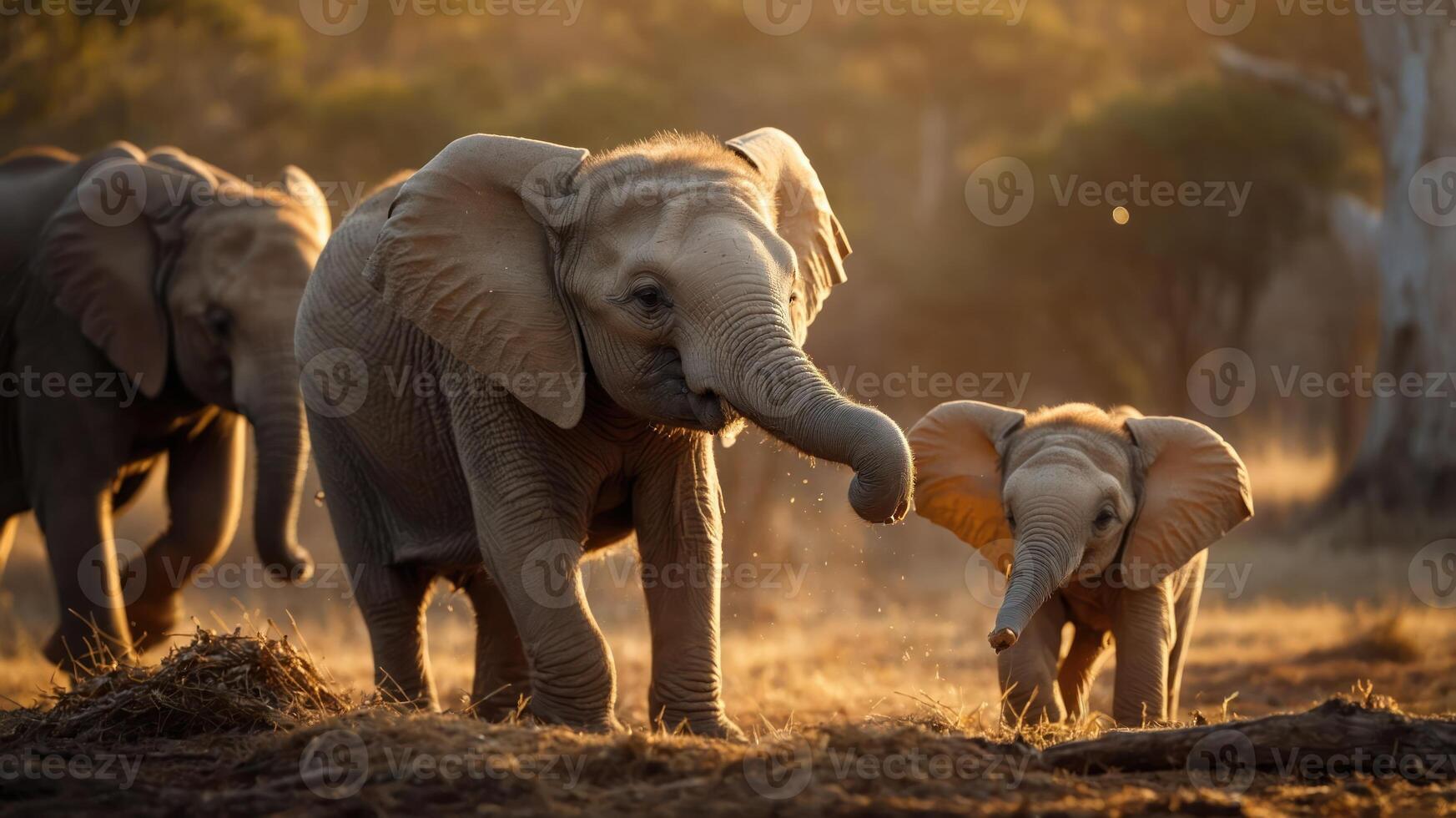 A serene scene of elephants in golden light, showcasing family bonds in nature. photo