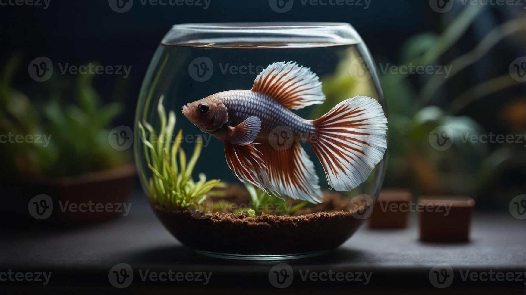 A betta fish swims gracefully in a round aquarium with aquatic plants and natural decor. photo