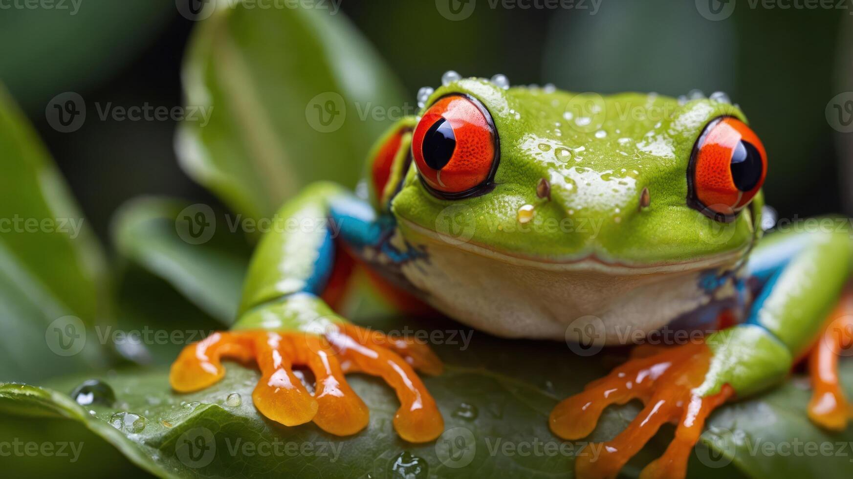 A vibrant tree frog perched on a leaf, showcasing its colorful features and droplets of water. photo