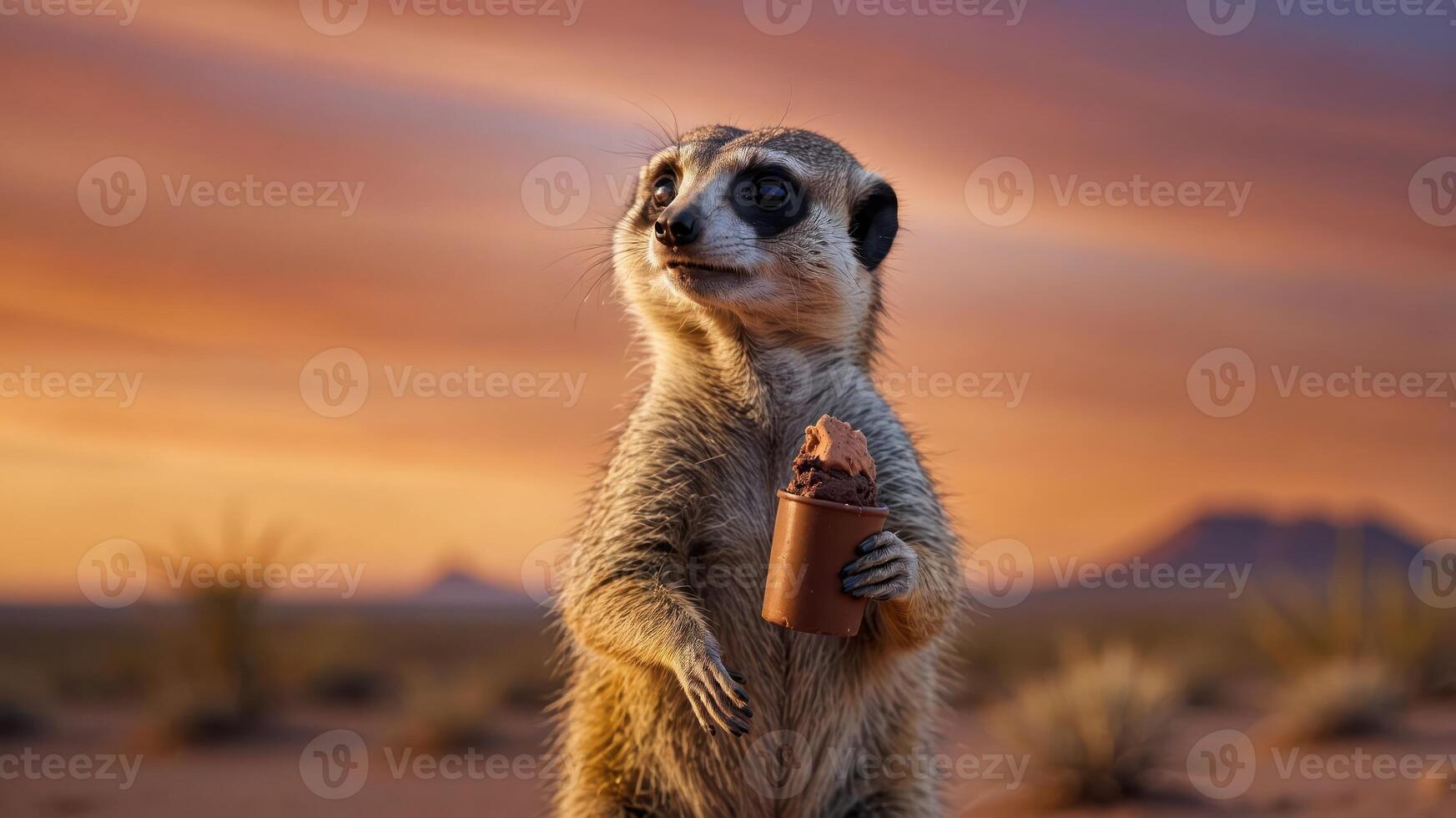 A meerkat holding an ice cream cone against a desert backdrop. photo