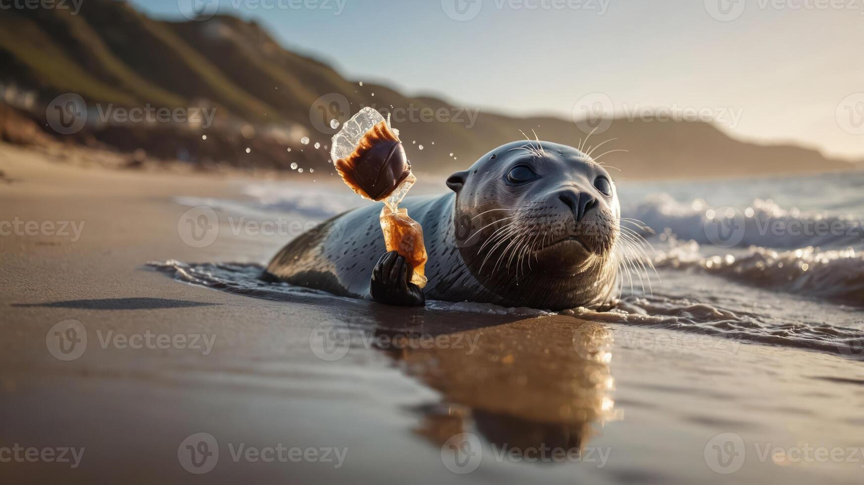 A seal on the beach playfully interacting with a bottle. photo