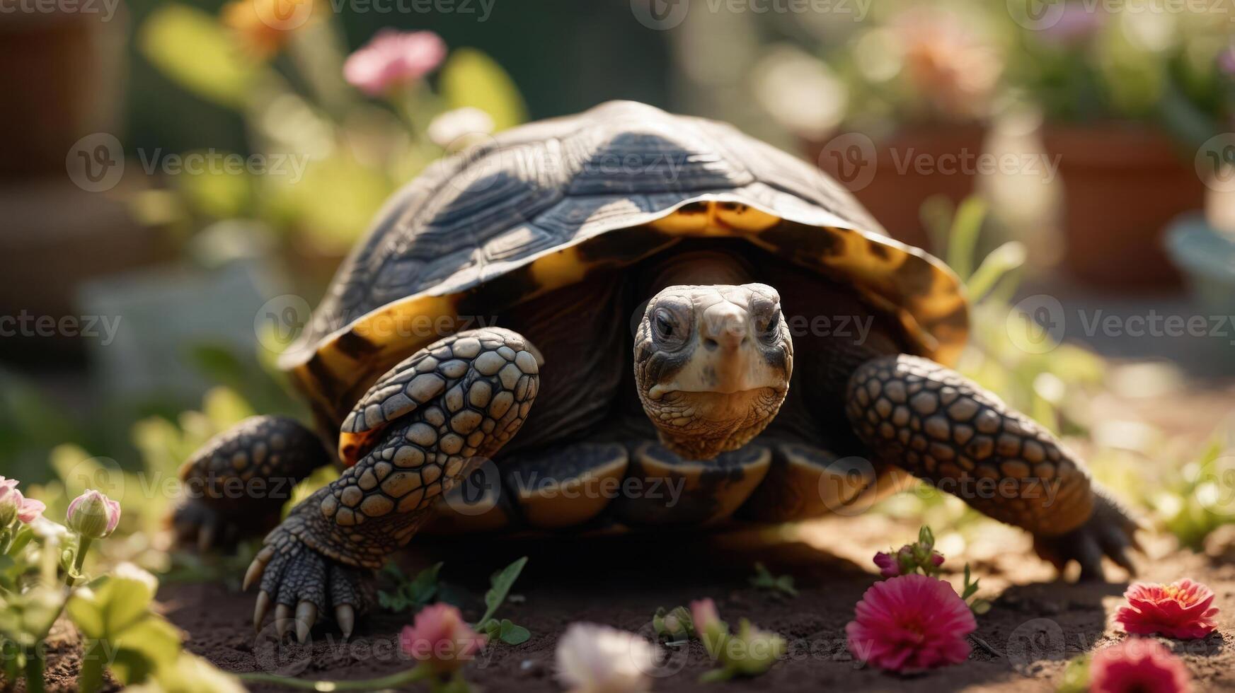 A tortoise exploring a garden filled with colorful flowers. photo