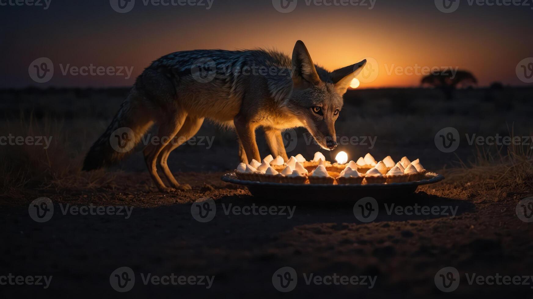 A fox curiously approaches a glowing display at sunset in a serene landscape. photo