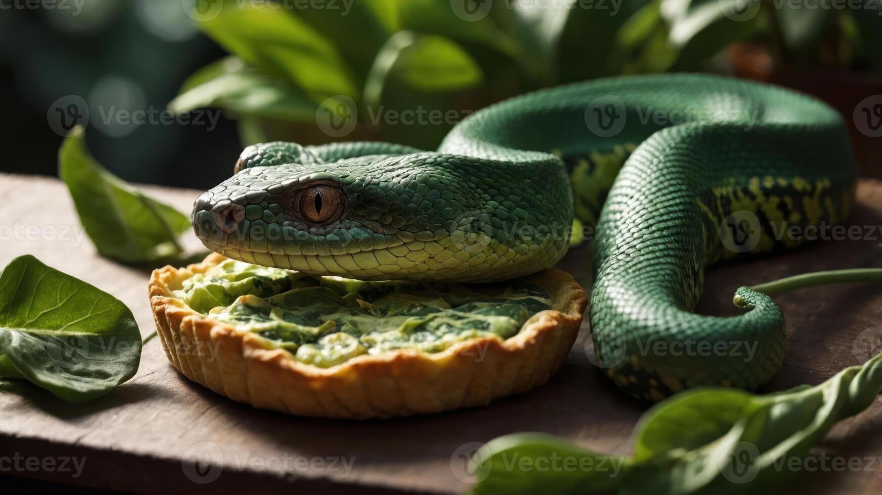 A green snake resting on a pie surrounded by plants, creating an unusual food scene. photo