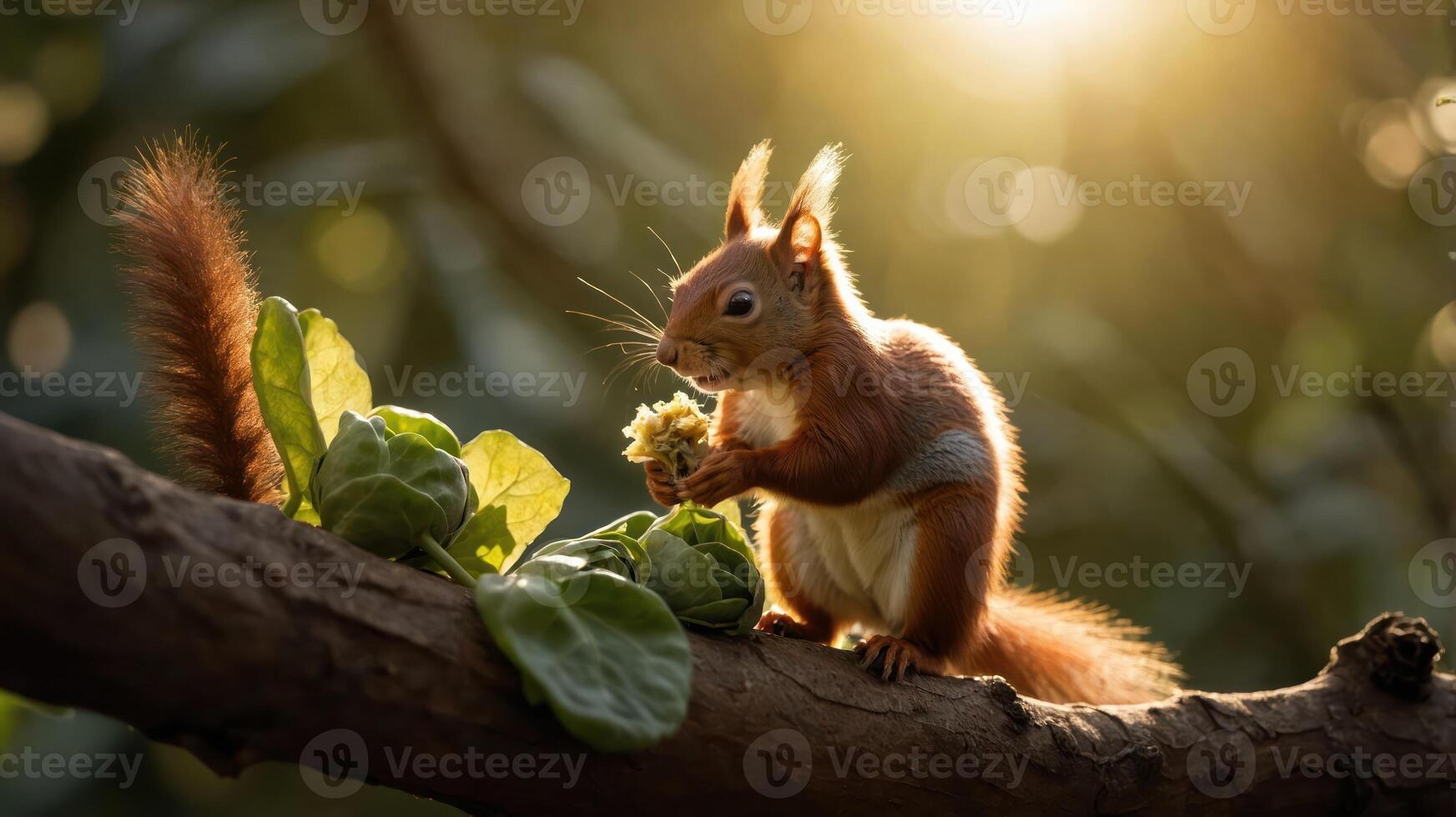 A squirrel perched on a branch, nibbling on food amidst lush greenery and warm sunlight. photo