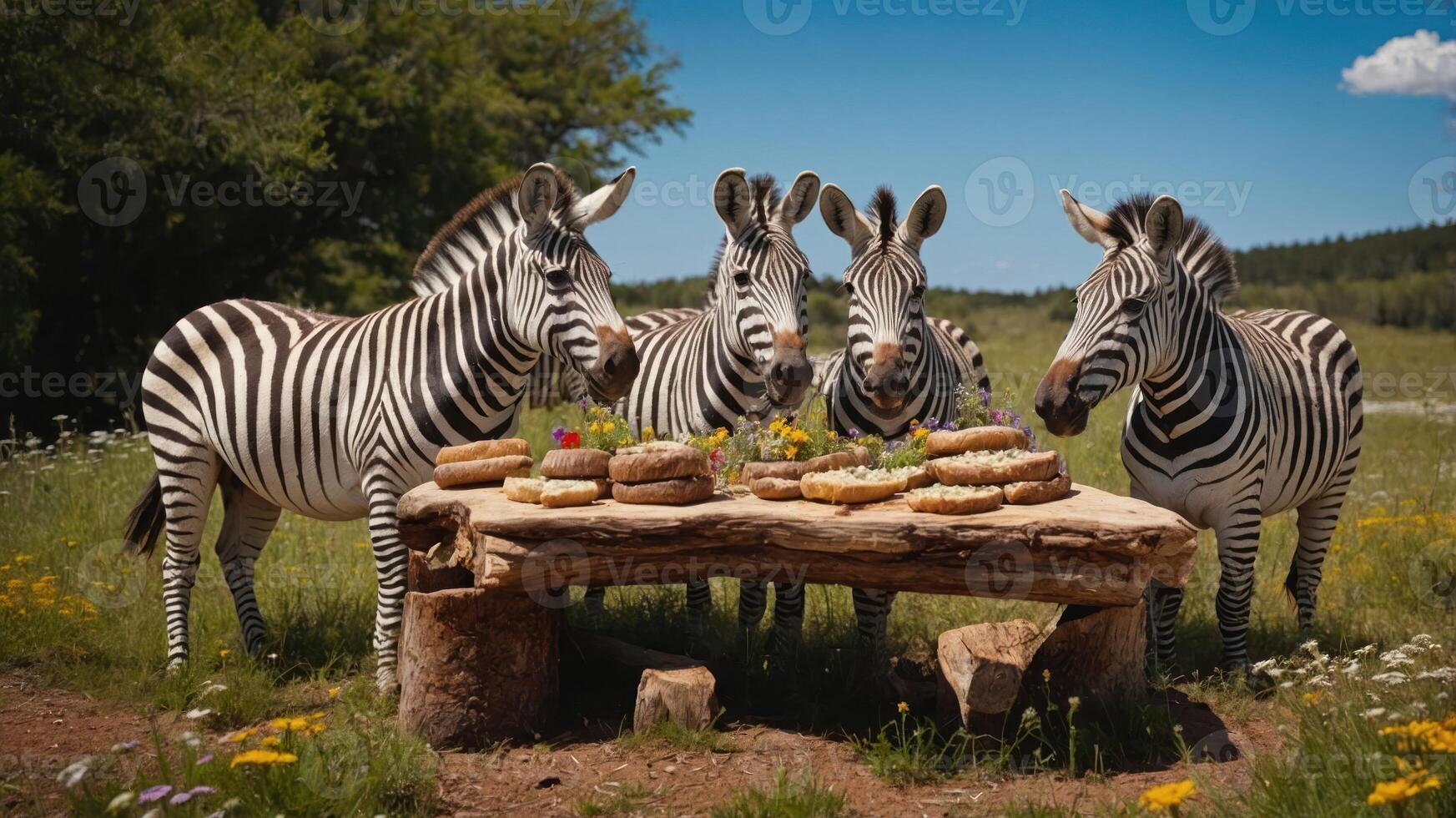 Four zebras gathered around a wooden table with colorful cakes in a sunny meadow. photo