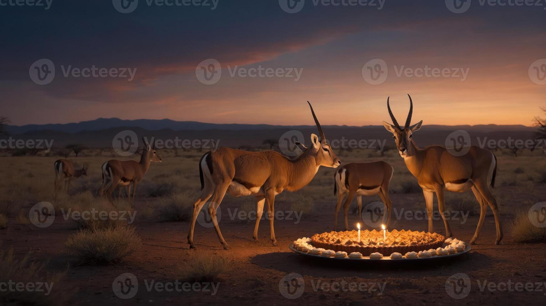 Antelopes gather around a cake with candles at sunset in a serene landscape. photo