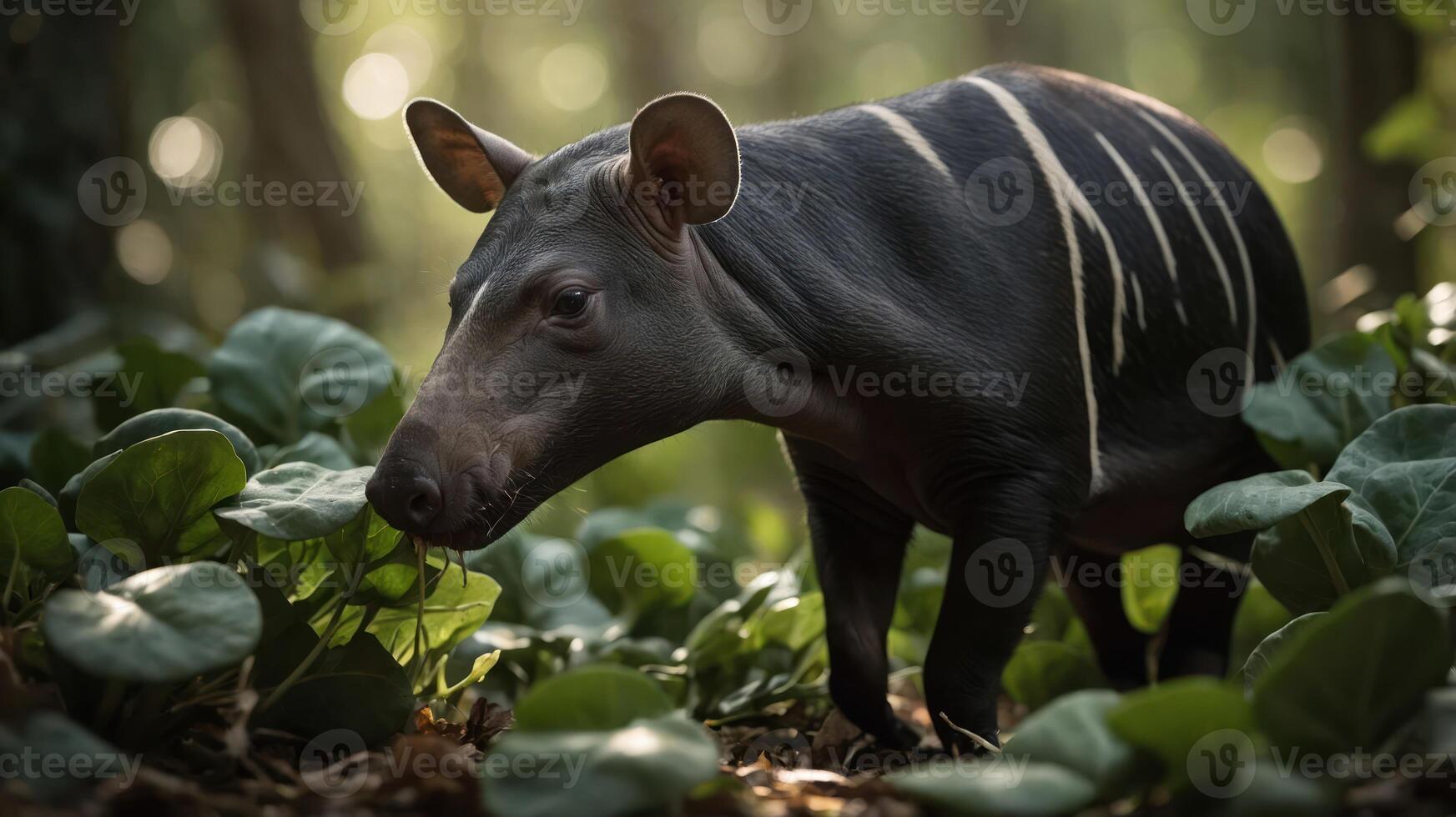 A tapir foraging among lush green foliage in a serene forest setting. photo