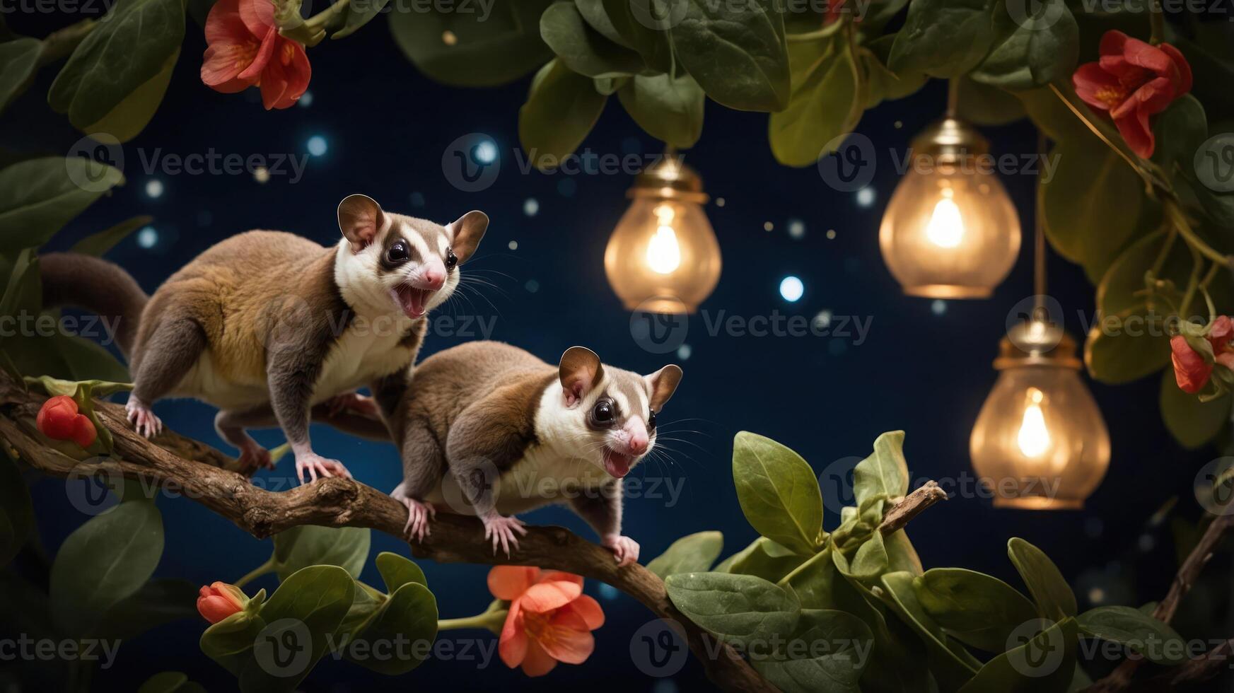 Two sugar gliders perched on a branch surrounded by flowers and glowing lights. photo