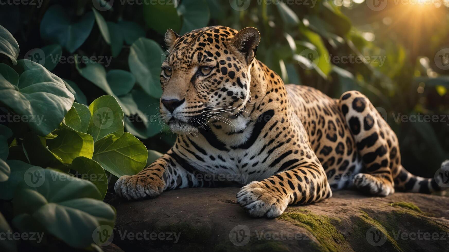 A majestic jaguar resting on a rock amidst lush green foliage. photo