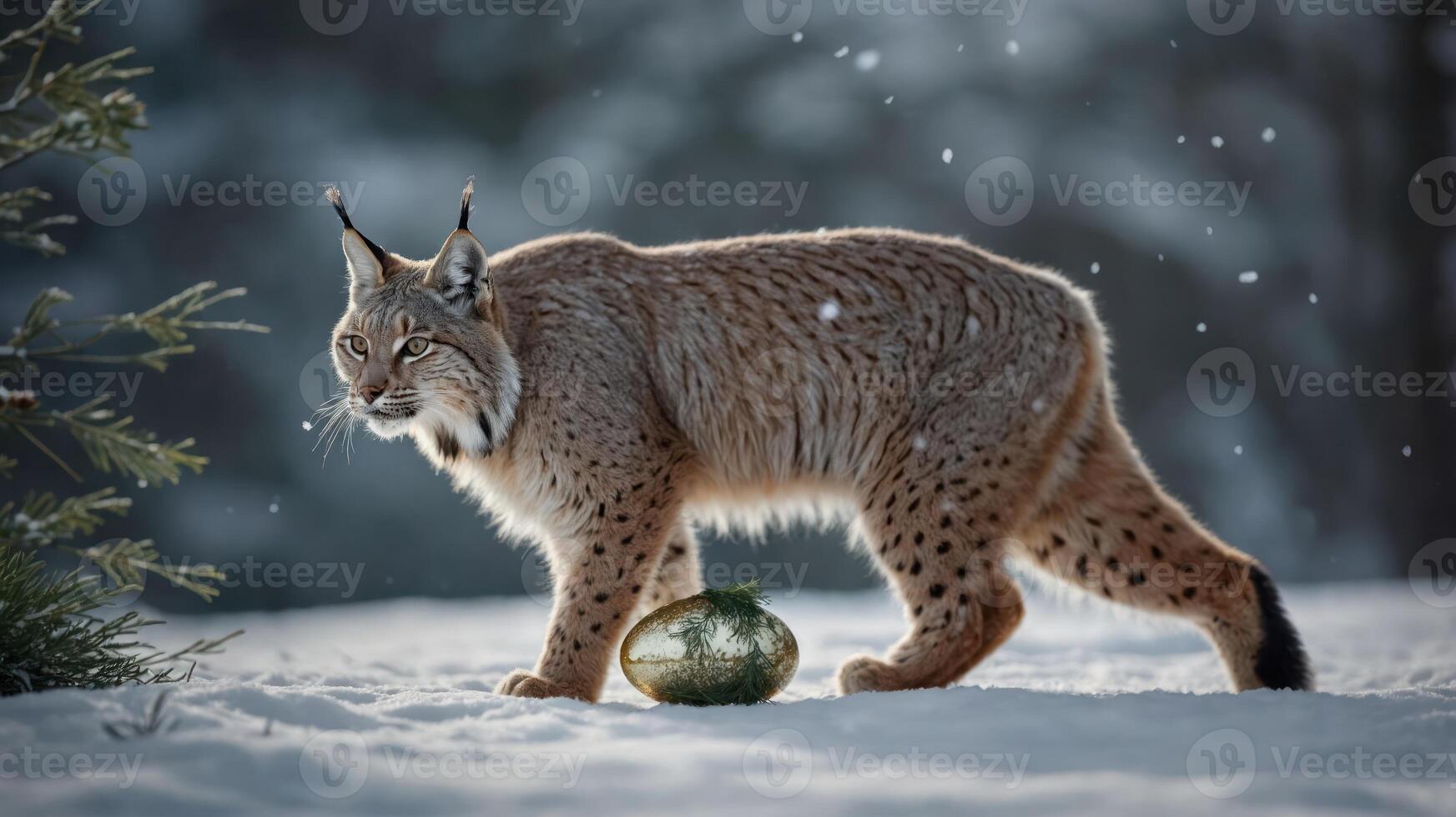 A lynx stands in the snow next to a decorated egg, creating a whimsical winter scene. photo