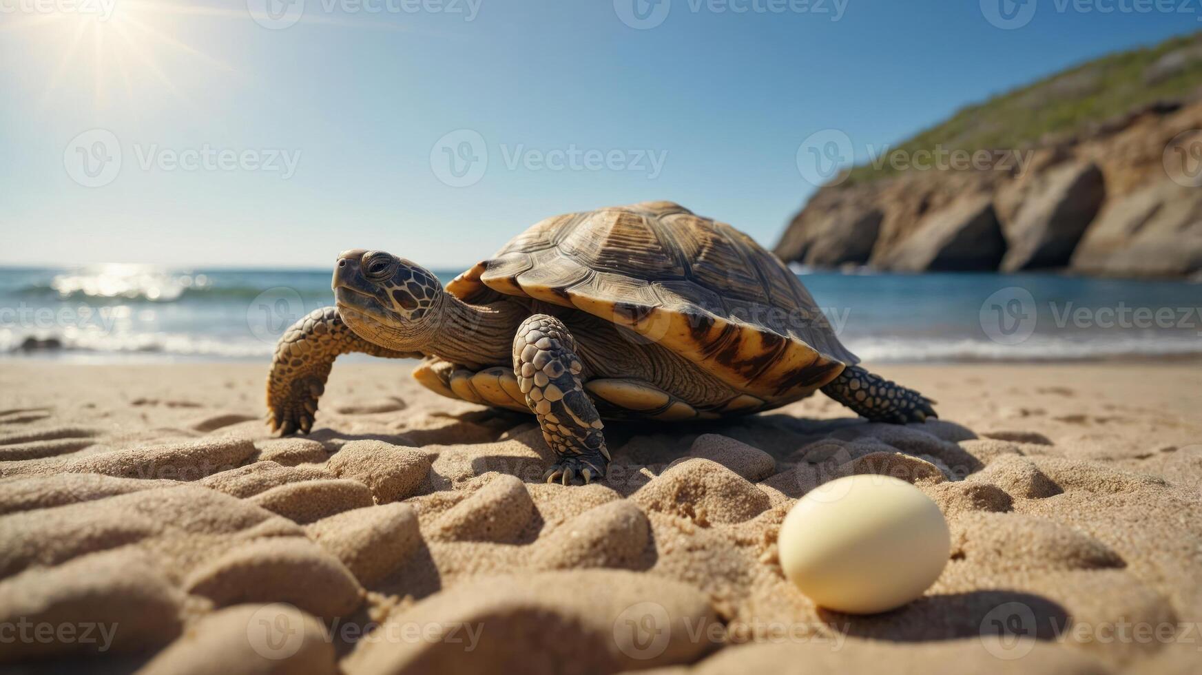 A turtle on a sandy beach near its egg, with a sunny backdrop and ocean waves. photo