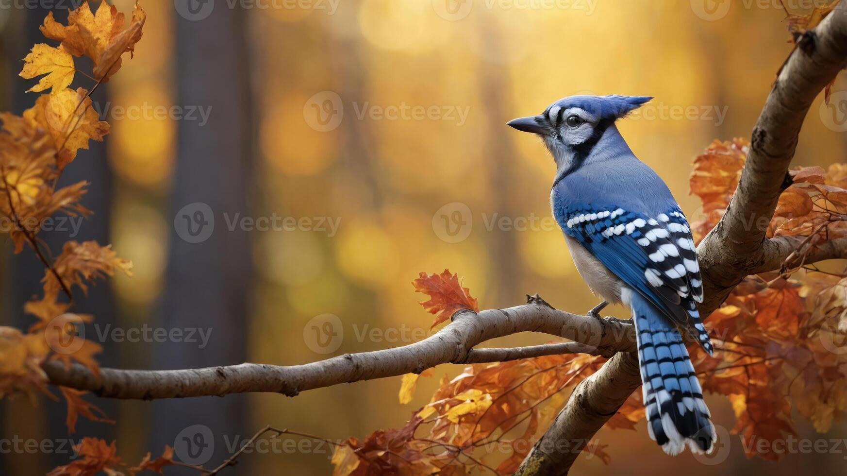 A blue jay perched on a branch amidst autumn foliage. photo