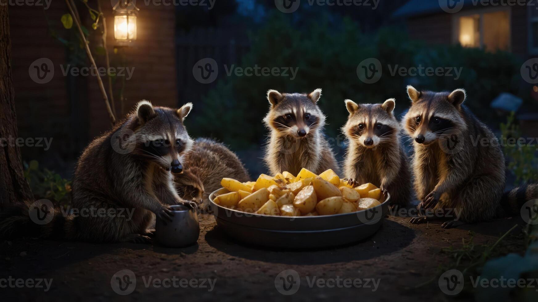 Four raccoons gather around a bowl of food at night, illuminated by a soft light. photo