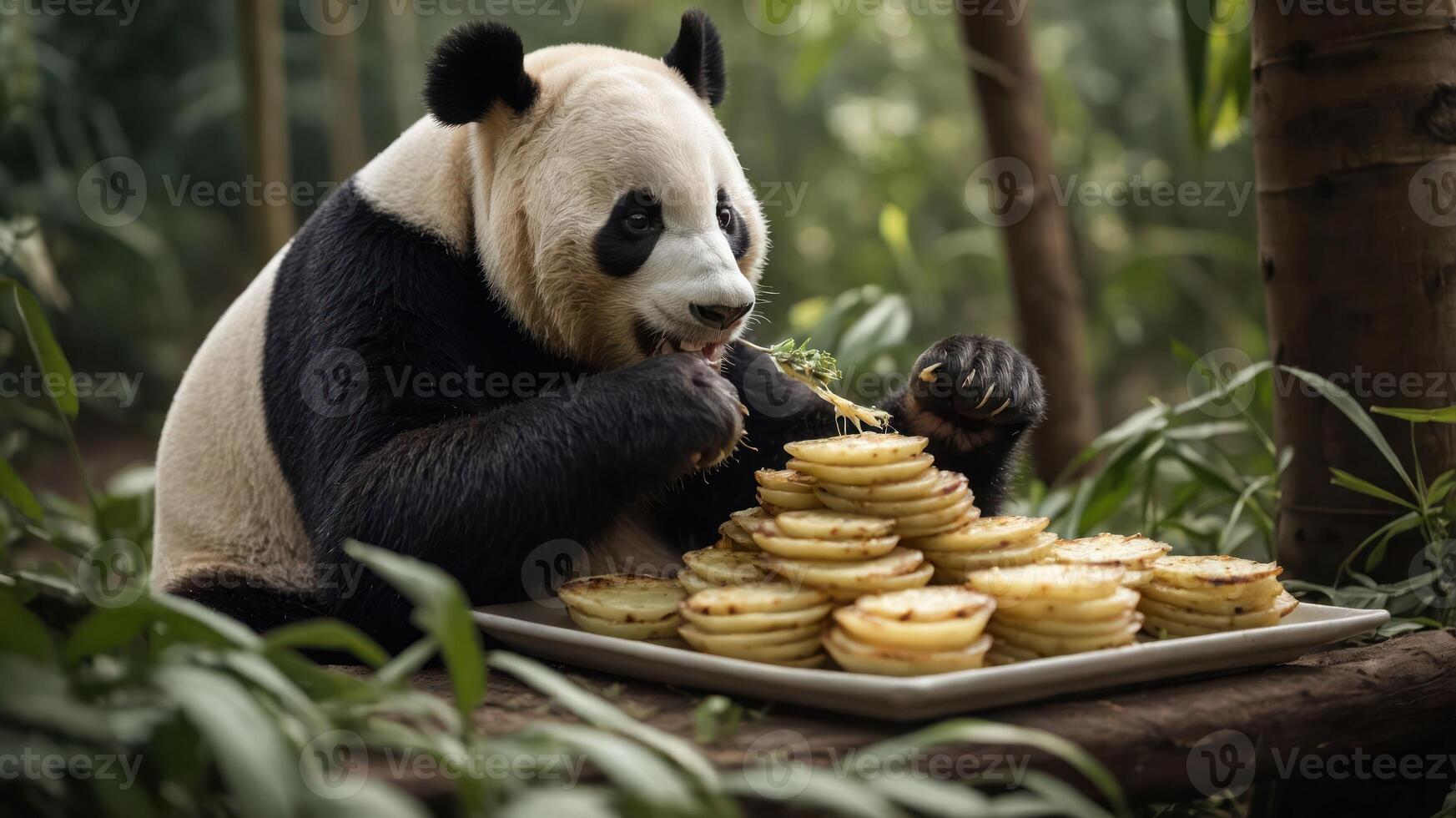 A panda enjoying a large stack of pancakes in a lush, green environment. photo