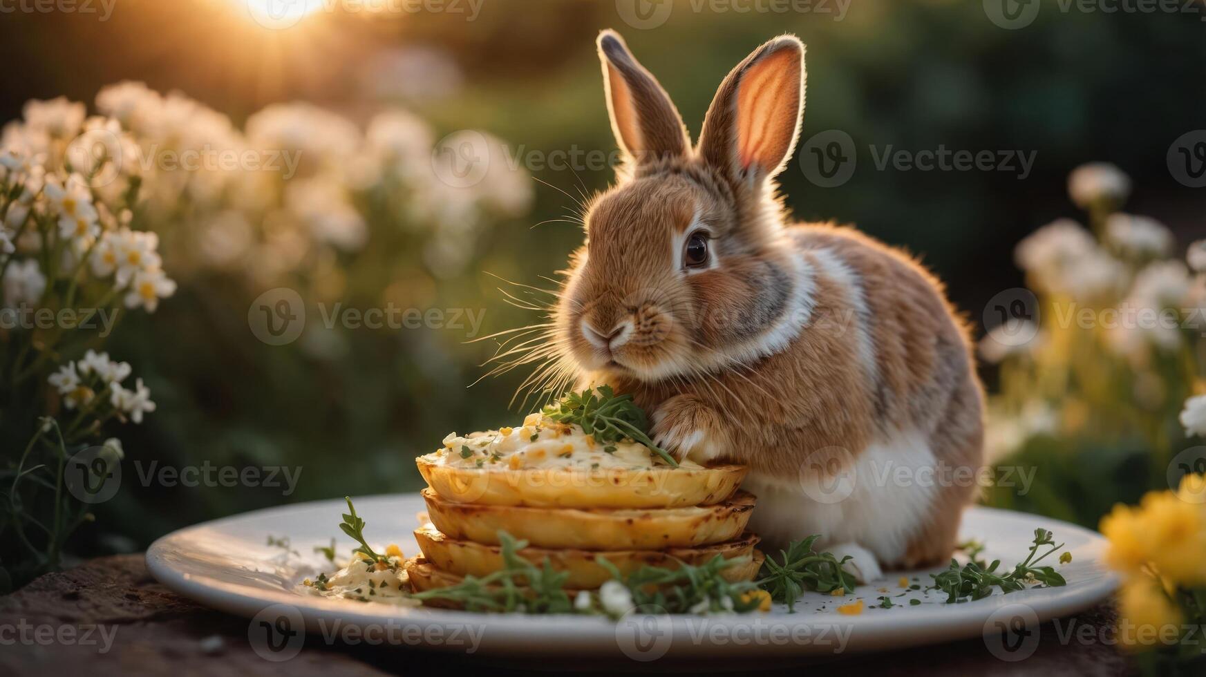 A cute rabbit nibbling on a stack of pancakes surrounded by flowers in a sunny setting. photo
