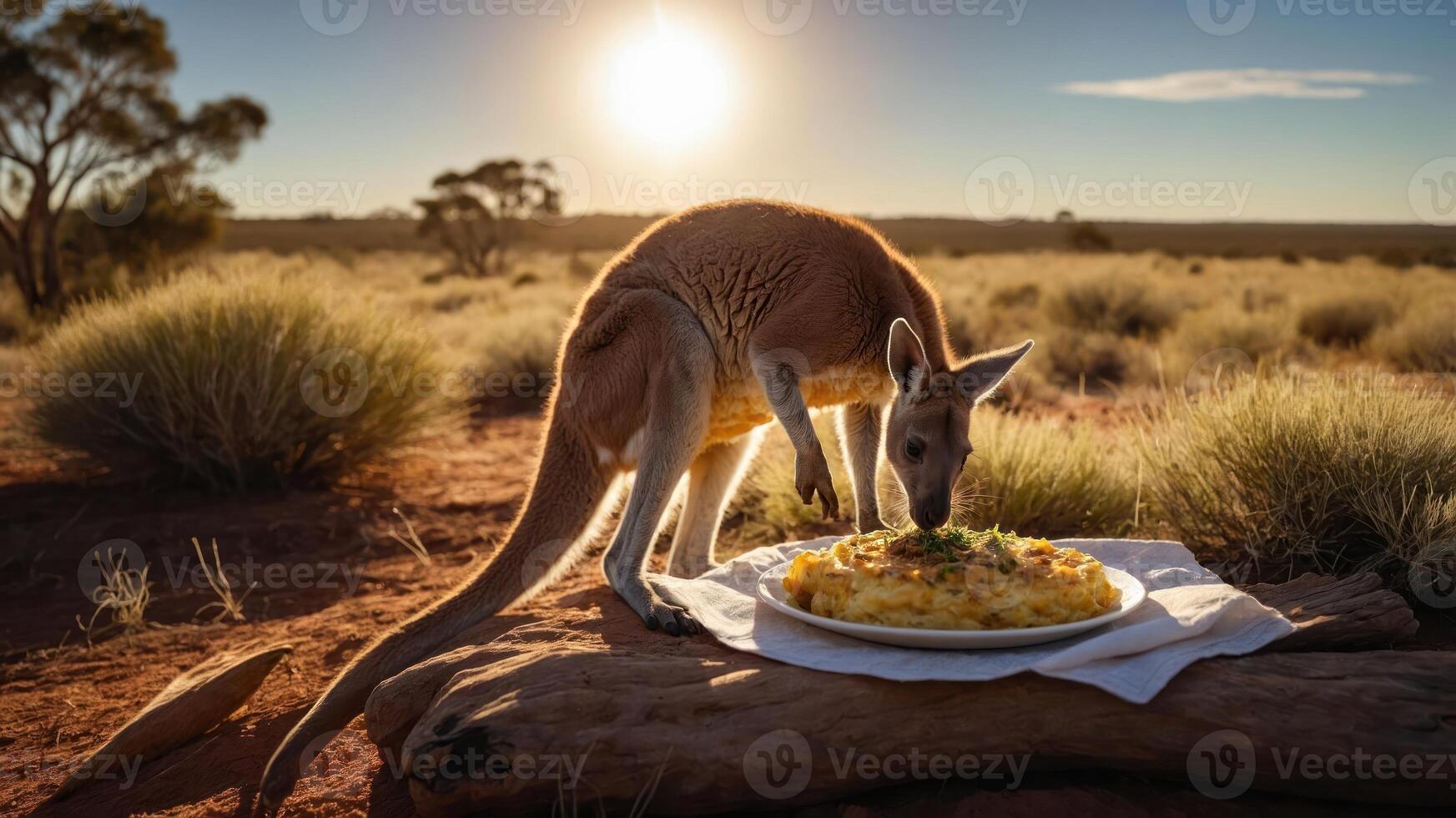 A kangaroo curiously approaches a plate of food in a serene outdoor setting at sunset. photo