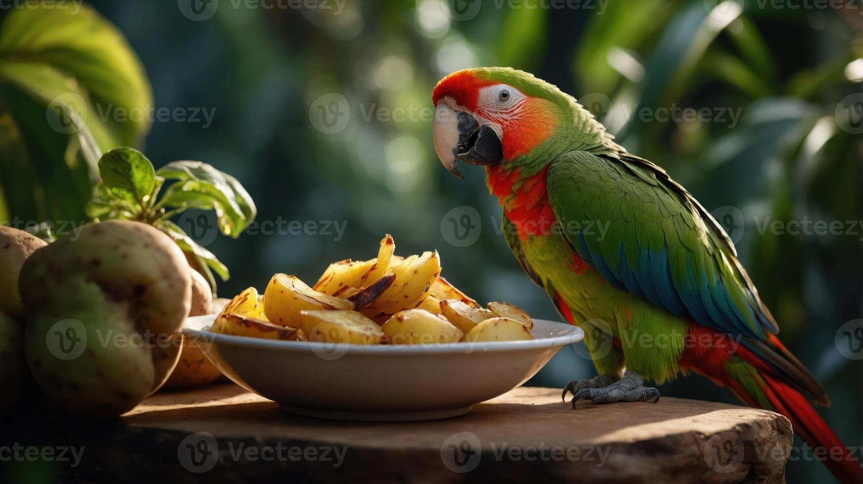 A colorful parrot beside a plate of roasted potatoes in a lush green setting. photo