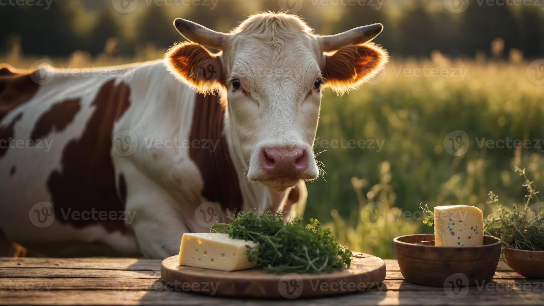 A cow stands beside cheese and greens in a sunlit field, highlighting dairy farming. photo