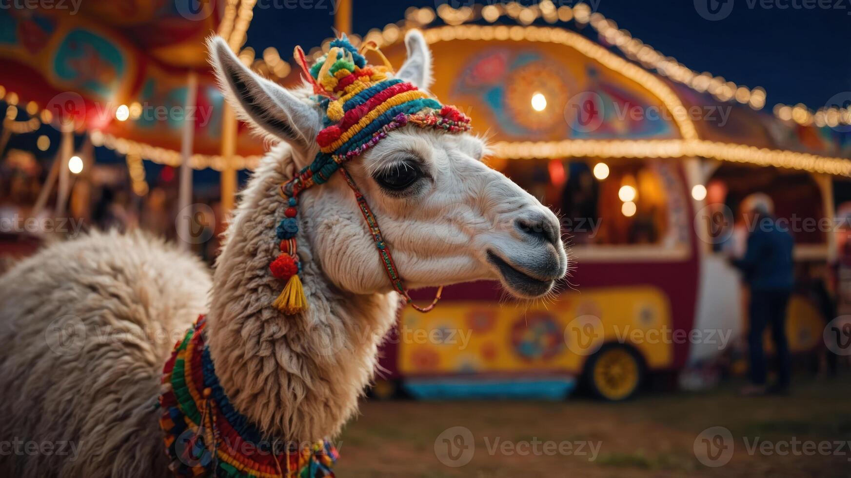 A decorated llama stands near a colorful carnival setting, creating a festive atmosphere. photo