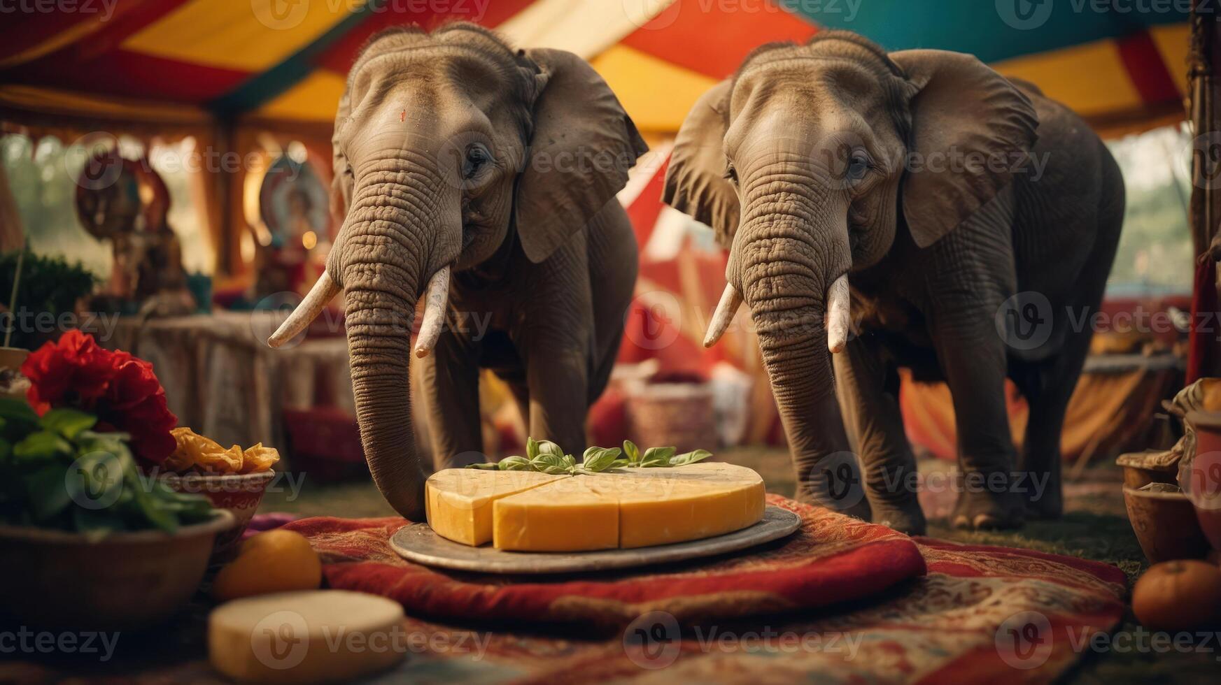 Two elephants are in a colorful tent, curiously approaching a cheese platter. photo