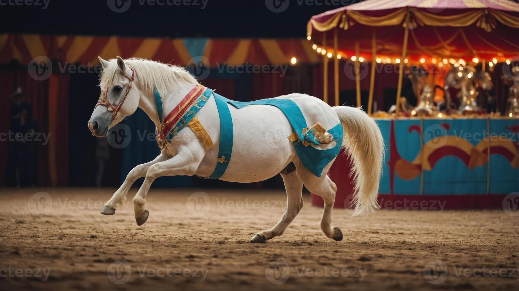 A white horse adorned in colorful costume performs in a circus setting. photo