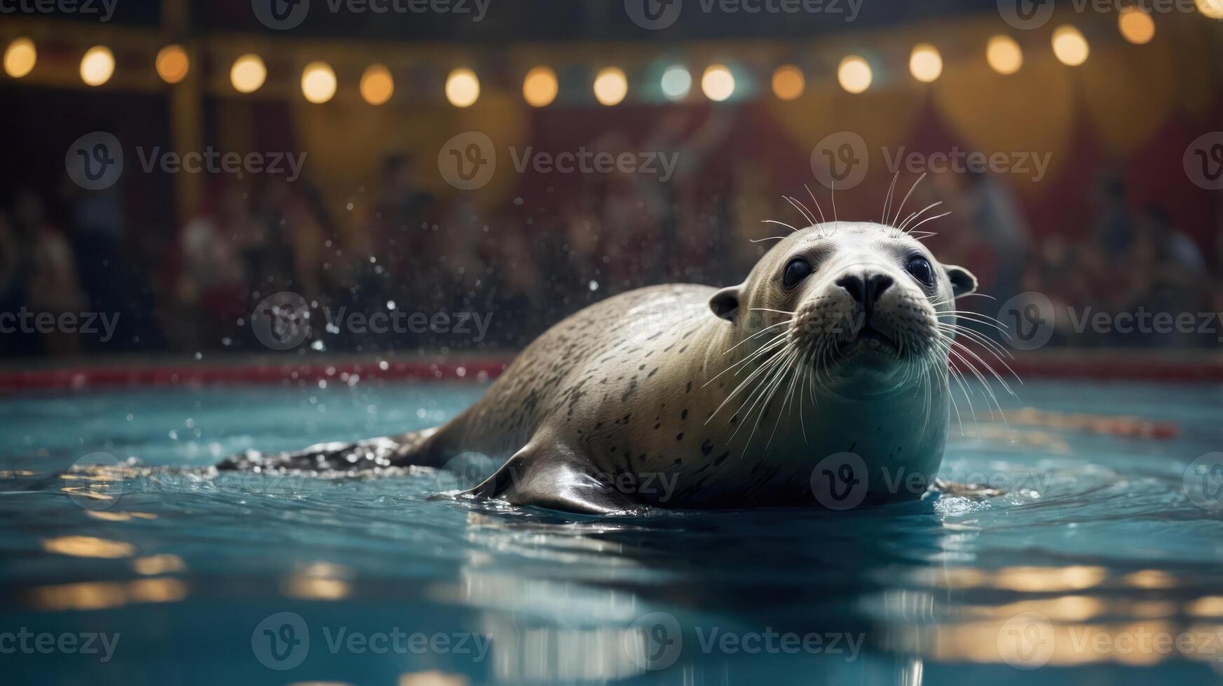 A seal performs in a circus pool, captivating the audience with its playful demeanor. photo