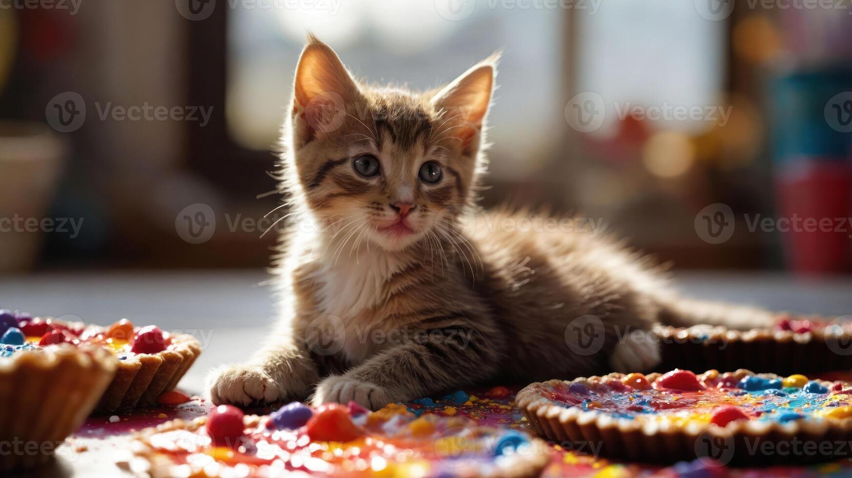 A playful kitten lies among colorful desserts, creating a whimsical and joyful scene. photo