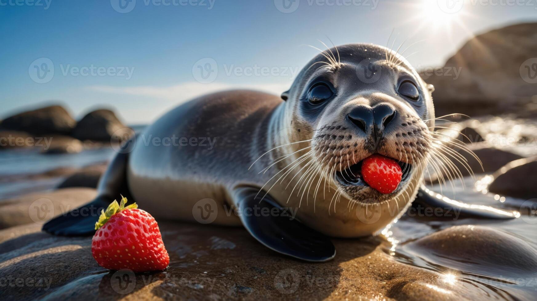 A seal enjoying a strawberry on a rocky beach with sunlight in the background. photo