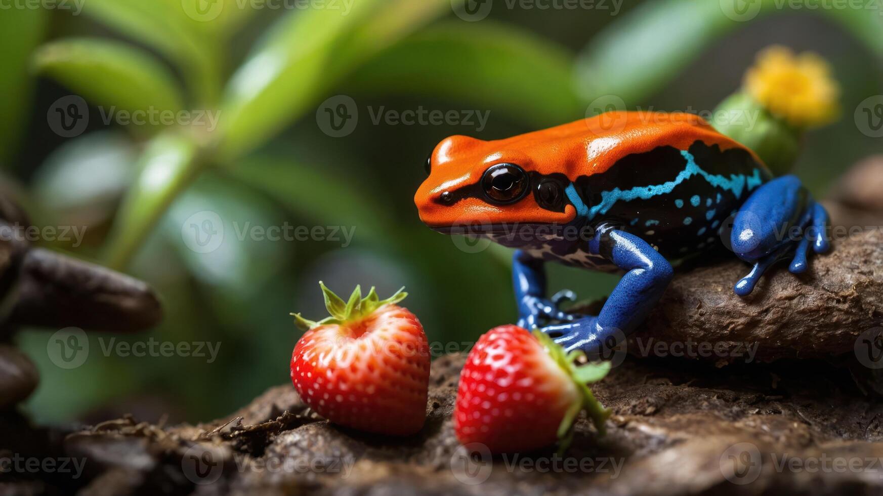 A vibrant frog sits on a log beside two strawberries in a lush environment. photo