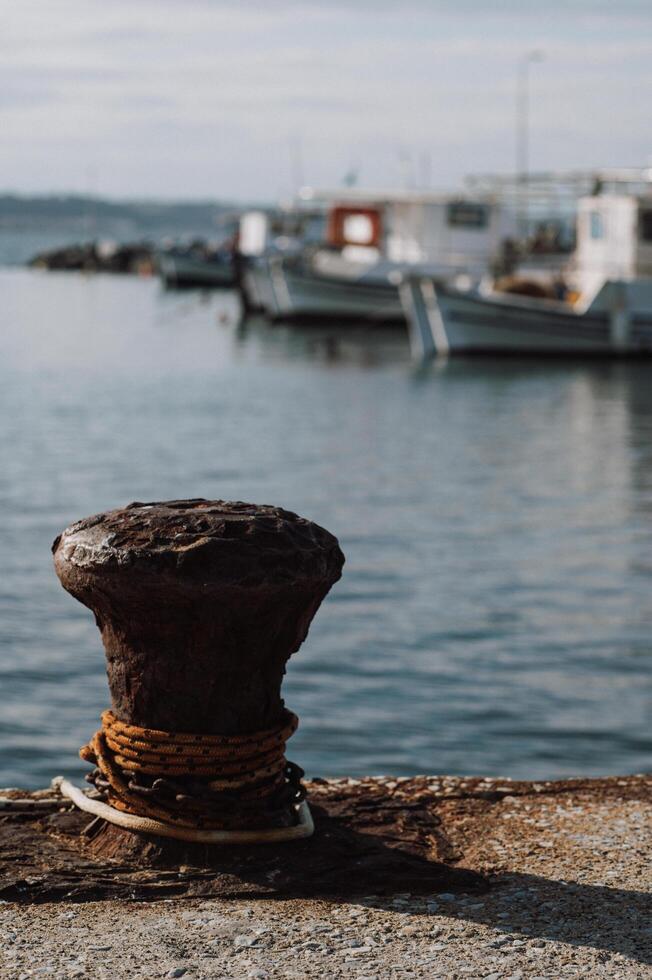 Vibrant fishing boats are moored in the tranquil waters of a Greek port. photo