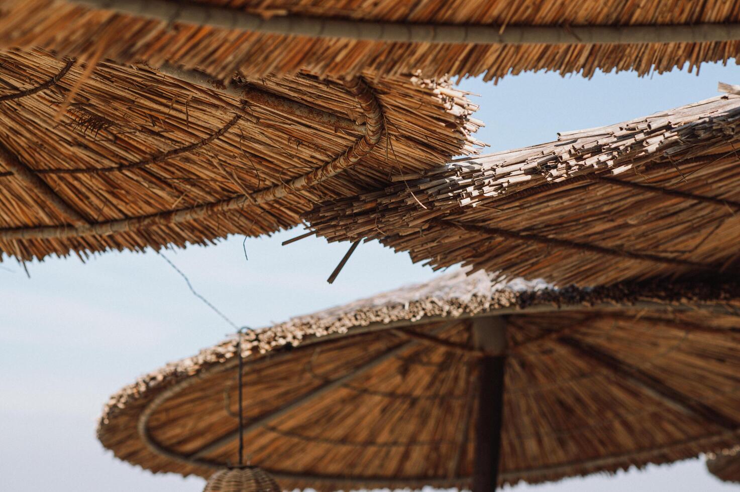 A tranquil Greek shoreline with straw umbrellas under a clear blue sky. photo